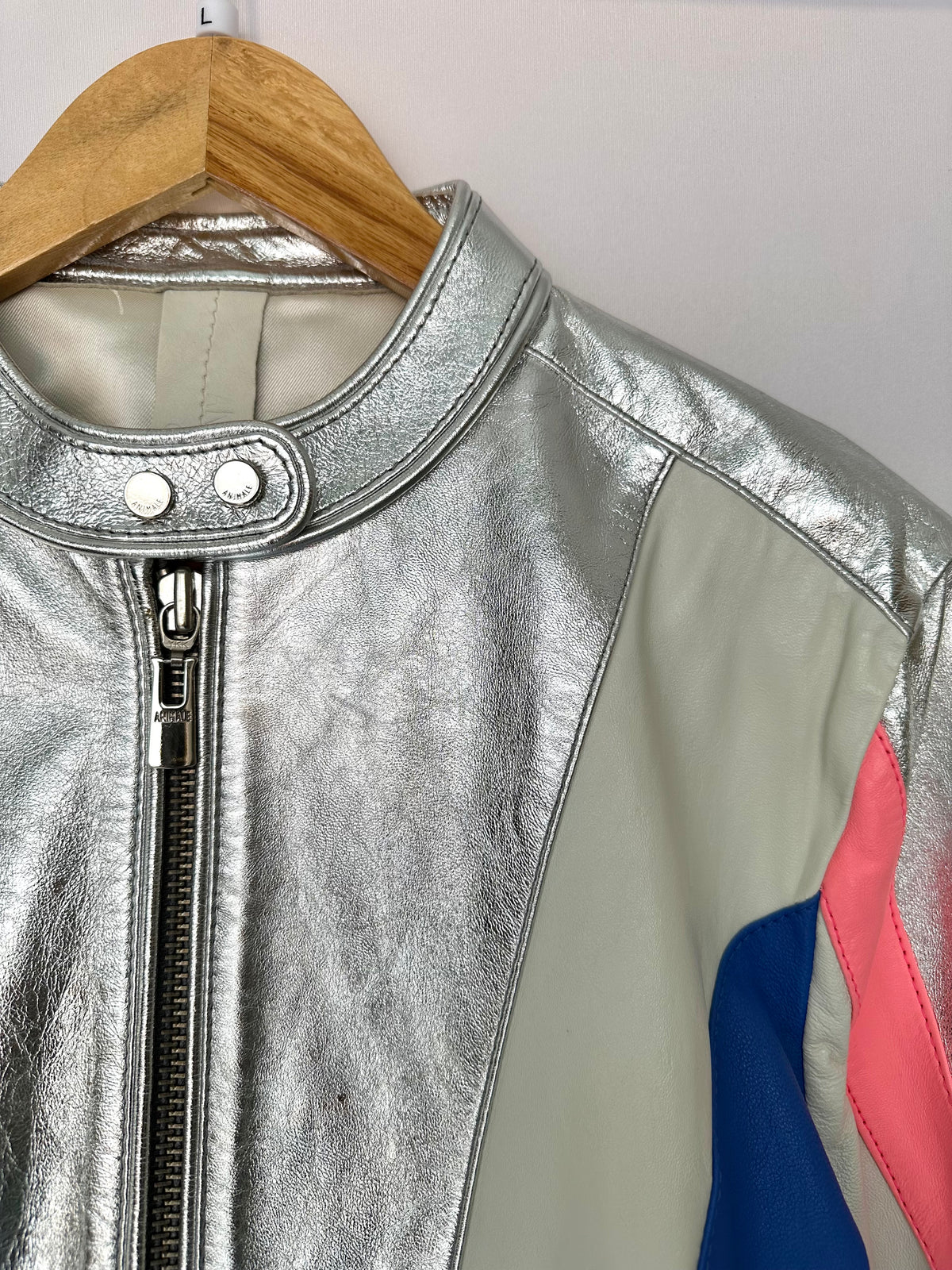 Animale · Jaqueta em couro estilo Biker – prata azul e rosa – Tam. G